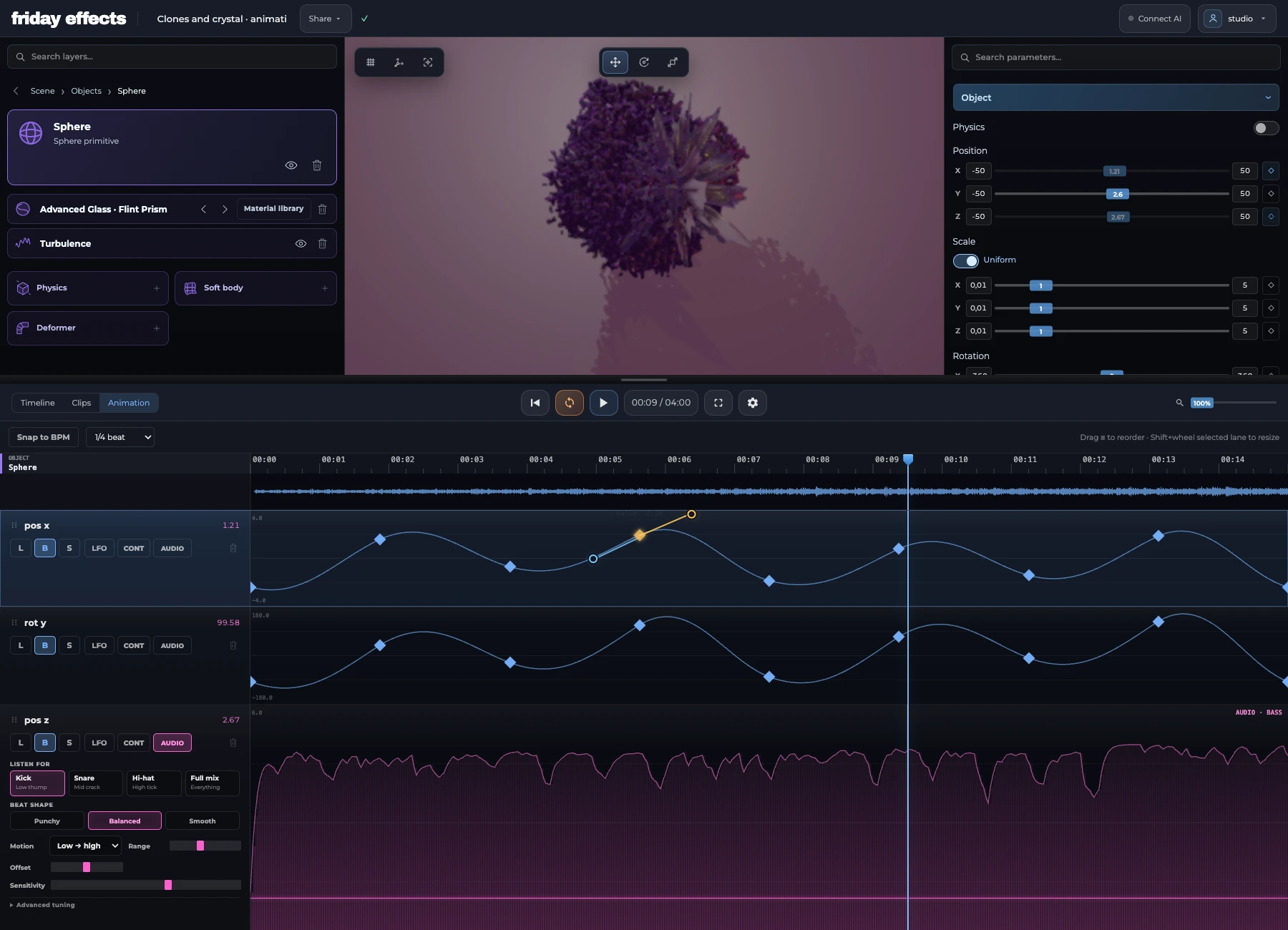 Clones and crystal in the Animation workspace, with two Bézier curves, editable handles and a real audio-reactive trace